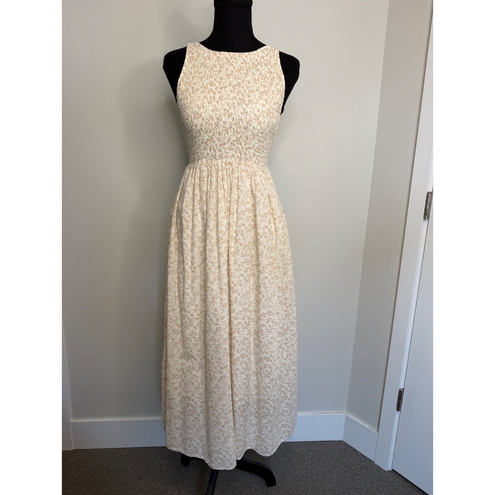 En Saison Floral Smocked Open Back Maxi Dress Cream Tan XS
